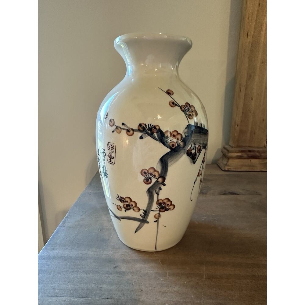 Vintage Japanese Porcelain Snow Plum Hand Painted Vase 9.5”T